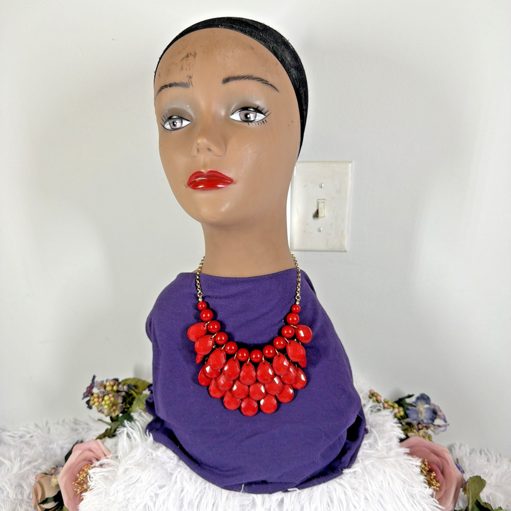 Red Beaded Statement Necklace Faceted Teardrop Bib Chunky Gold Tone Adjustable